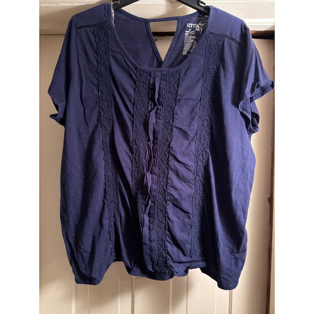 Terra & Sky Womens 2X Navy Blue Lace Trim Ruffle V-Back Cutout Short Sleeve Top